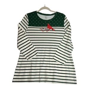 Kim Rogers Womens Long Sleeve Cardinal Holiday Stripe Cotton Top Sz L Christmas